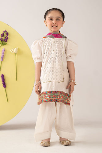 Girls 3 Piece Dyed Cambric Suit with Schiffli Embroidery - White