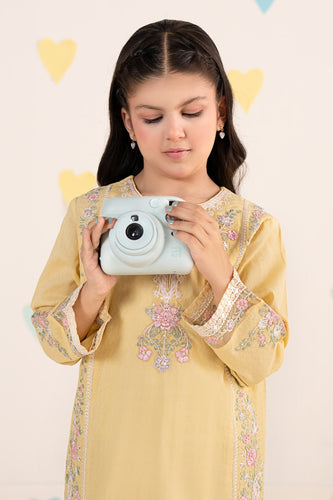 Yellow 3 Piece Embroidered Dobby Lawn Suit