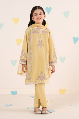 Yellow 3 Piece Embroidered Dobby Lawn Suit