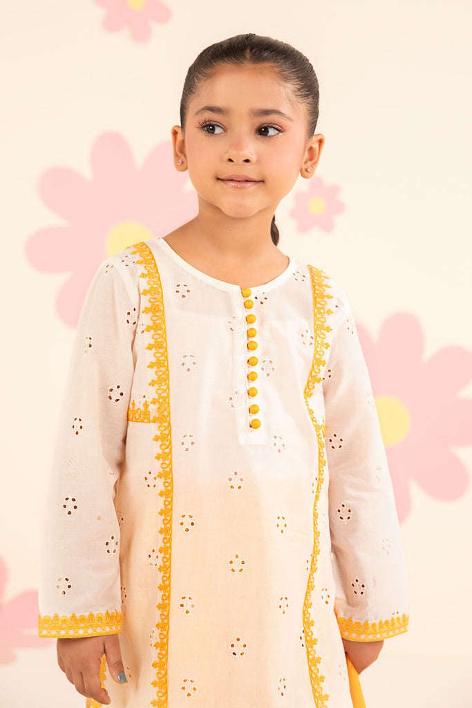 Kids 3 Piece Embroidered Lawn Suit in White and Yellow