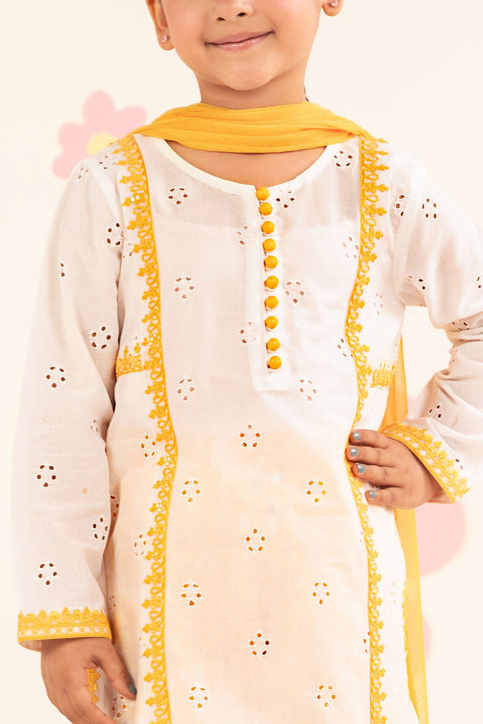 Kids 3 Piece Embroidered Lawn Suit in White and Yellow