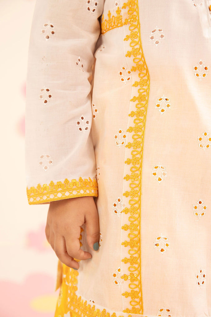 Kids 3 Piece Embroidered Lawn Suit in White and Yellow