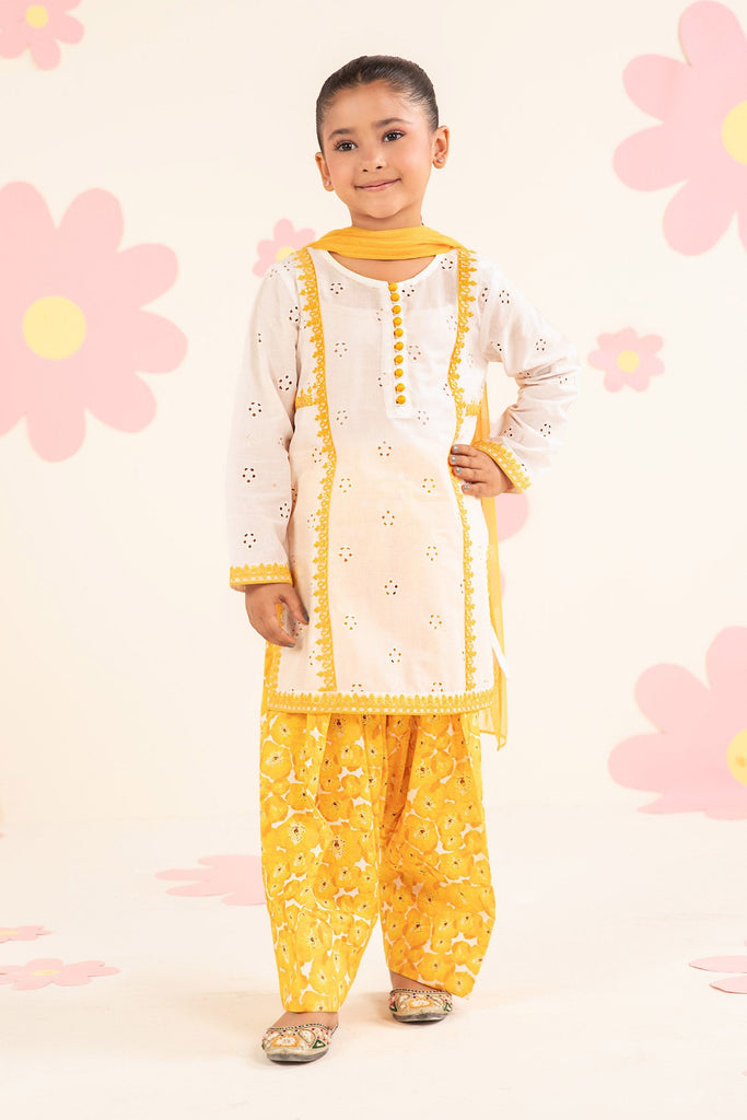 Kids 3 Piece Embroidered Lawn Suit in White and Yellow