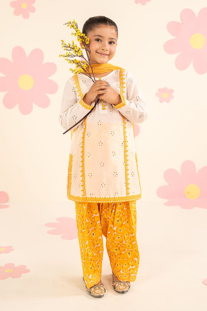 Kids 3 Piece Embroidered Lawn Suit in White and Yellow