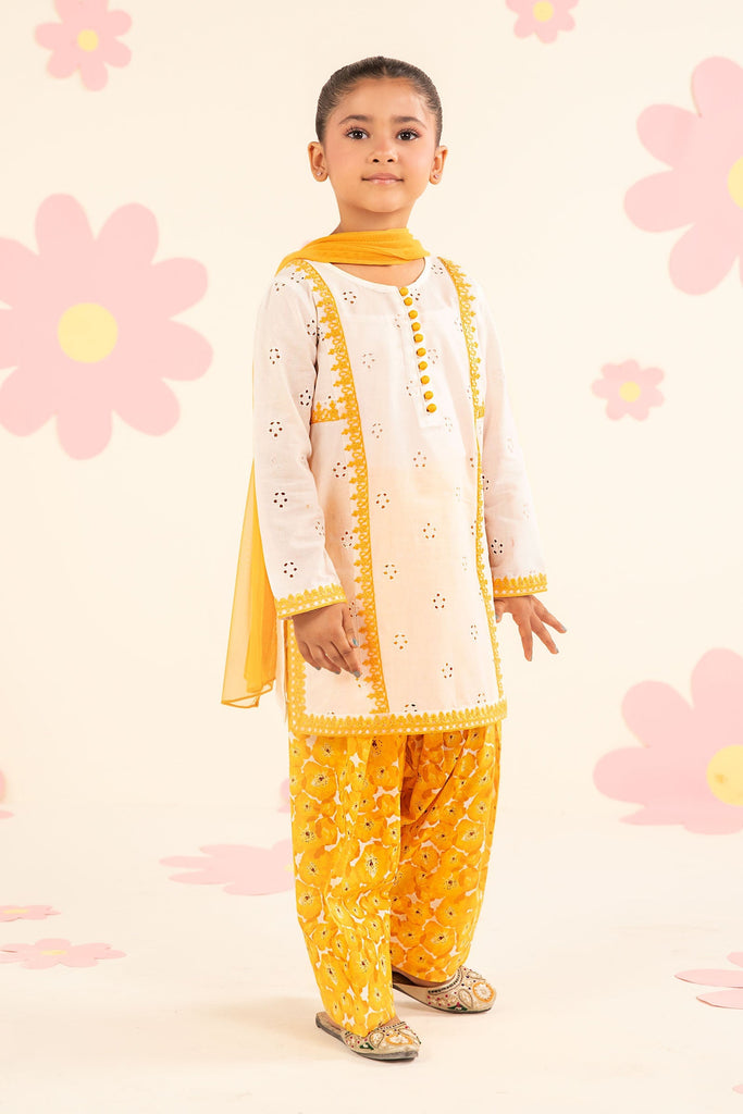 Kids 3 Piece Embroidered Lawn Suit in White and Yellow