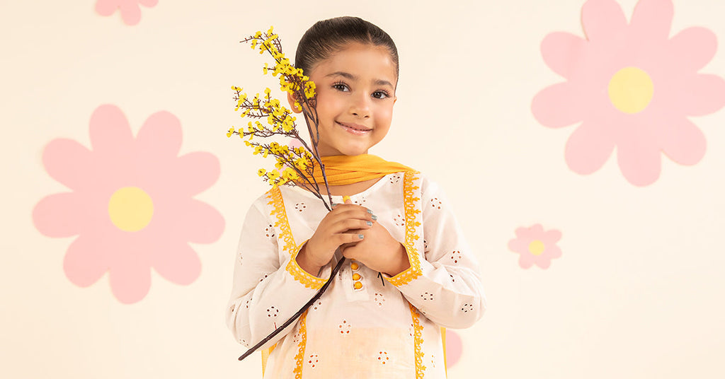 Kids 3 Piece Embroidered Lawn Suit in White and Yellow