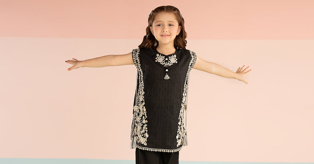 Kids 3 Piece Embroidered Brochia Jacquard Suit - Black