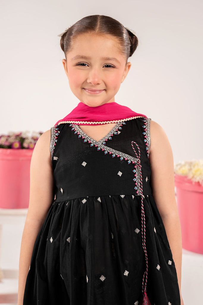 Kids 3 Piece Embroidered Lawn Angrakha Suit - Black