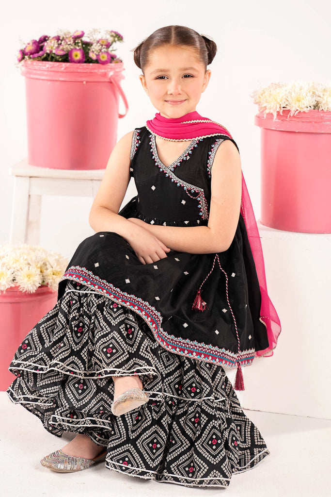 Kids 3 Piece Embroidered Lawn Angrakha Suit - Black