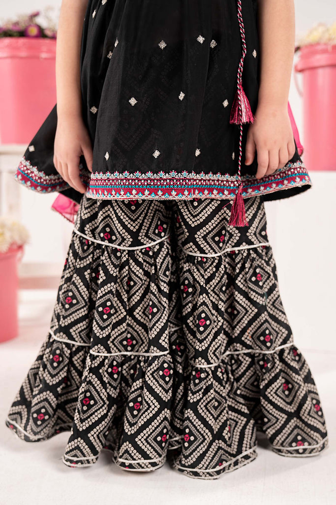 Kids 3 Piece Embroidered Lawn Angrakha Suit - Black