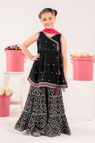 Kids 3 Piece Embroidered Lawn Angrakha Suit - Black