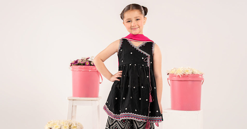 Kids 3 Piece Embroidered Lawn Angrakha Suit - Black