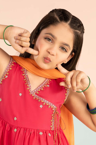 Kids 3 Piece Embroidered Lawn Angrakha Suit - Pink