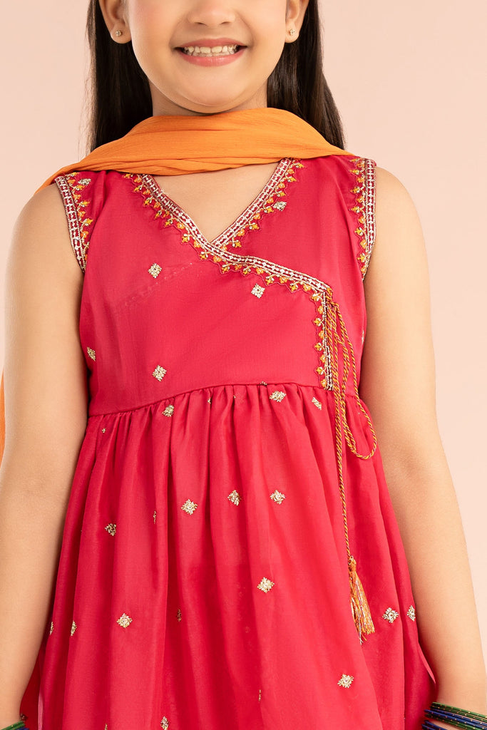 Kids 3 Piece Embroidered Lawn Angrakha Suit - Pink