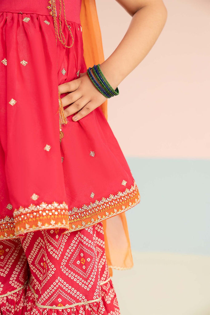 Kids 3 Piece Embroidered Lawn Angrakha Suit - Pink