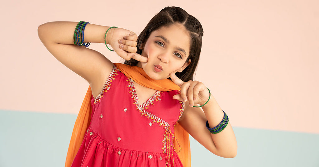 Kids 3 Piece Embroidered Lawn Angrakha Suit - Pink