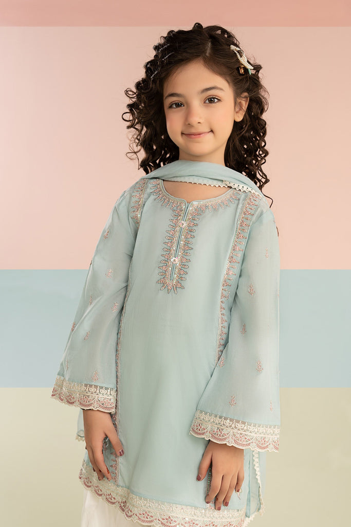Kids 3 Piece Embroidered Lawn Farshi Shalwar Suit - Blue