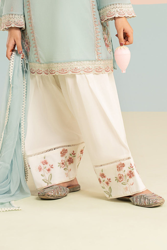Kids 3 Piece Embroidered Lawn Farshi Shalwar Suit - Blue