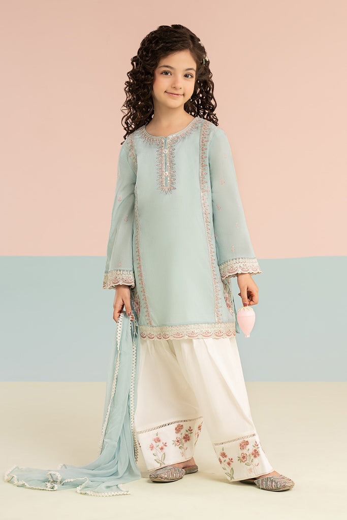 Kids 3 Piece Embroidered Lawn Farshi Shalwar Suit - Blue