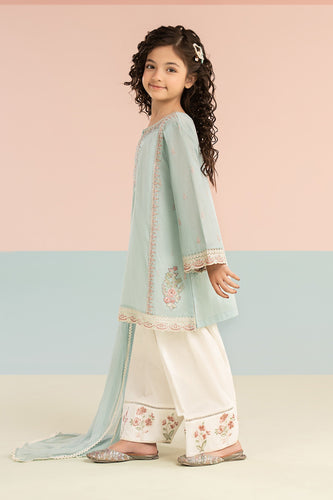 Kids 3 Piece Embroidered Lawn Farshi Shalwar Suit - Blue