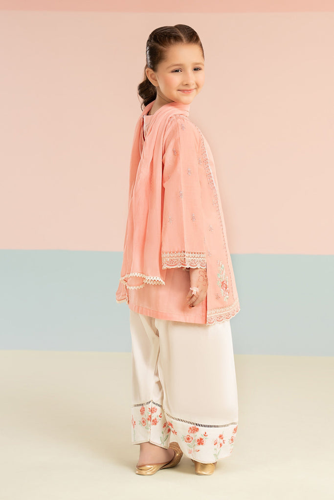 Kids 3 Piece Embroidered Lawn Farshi Shalwar Suit - Pink