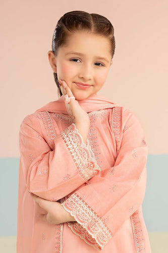 Kids 3 Piece Embroidered Lawn Farshi Shalwar Suit - Pink