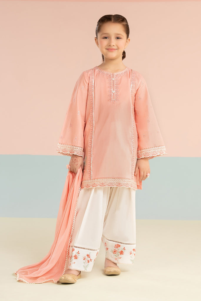 Kids 3 Piece Embroidered Lawn Farshi Shalwar Suit - Pink