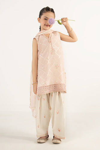 Girls 3 Piece Embroidered Dobby Lawn Suit with Shalwar - Pink