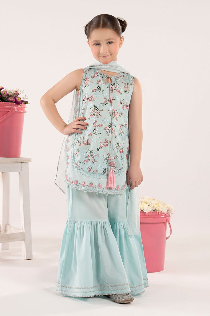 Kids 3 Piece Embroidered Lawn Suit - Blue