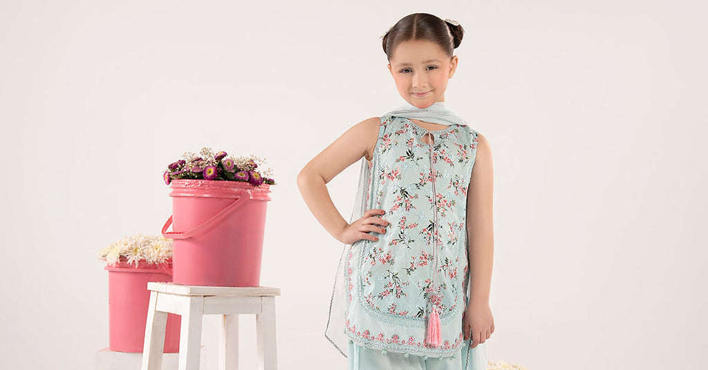 Kids 3 Piece Embroidered Lawn Suit - Blue