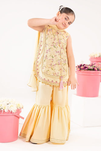 Girls 3 Piece Embroidered Lawn Suit with Gharara - Yellow
