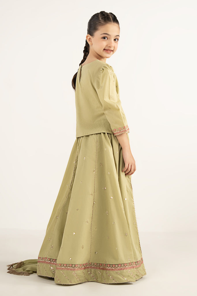 Girls 3 Piece Embroidered Dobby Lawn Lehenga Set - Olive Green
