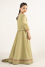 Load image into Gallery viewer, Girls 3 Piece Embroidered Dobby Lawn Lehenga Set - Olive Green