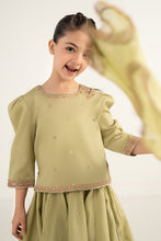 Load image into Gallery viewer, Girls 3 Piece Embroidered Dobby Lawn Lehenga Set - Olive Green