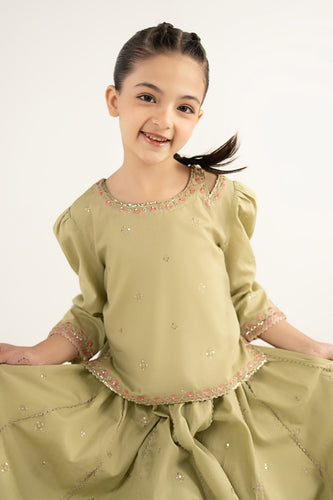 Girls 3 Piece Embroidered Dobby Lawn Lehenga Set - Olive Green