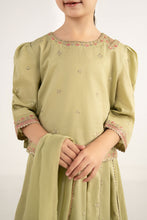 Load image into Gallery viewer, Girls 3 Piece Embroidered Dobby Lawn Lehenga Set - Olive Green