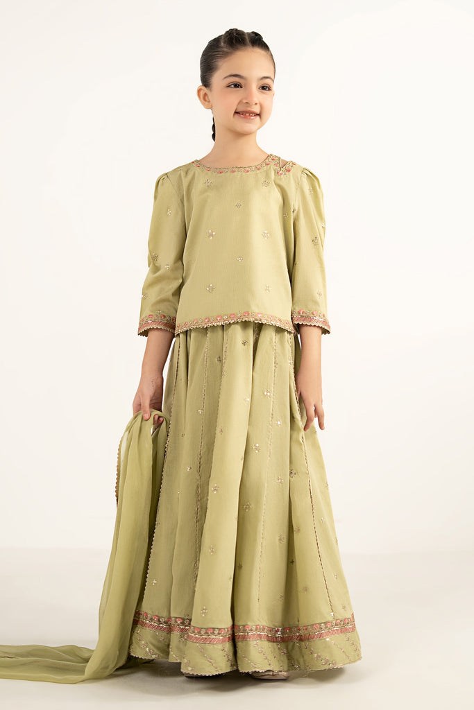 Girls 3 Piece Embroidered Dobby Lawn Lehenga Set - Olive Green