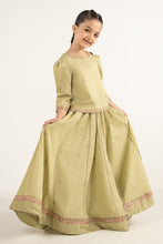 Load image into Gallery viewer, Girls 3 Piece Embroidered Dobby Lawn Lehenga Set - Olive Green