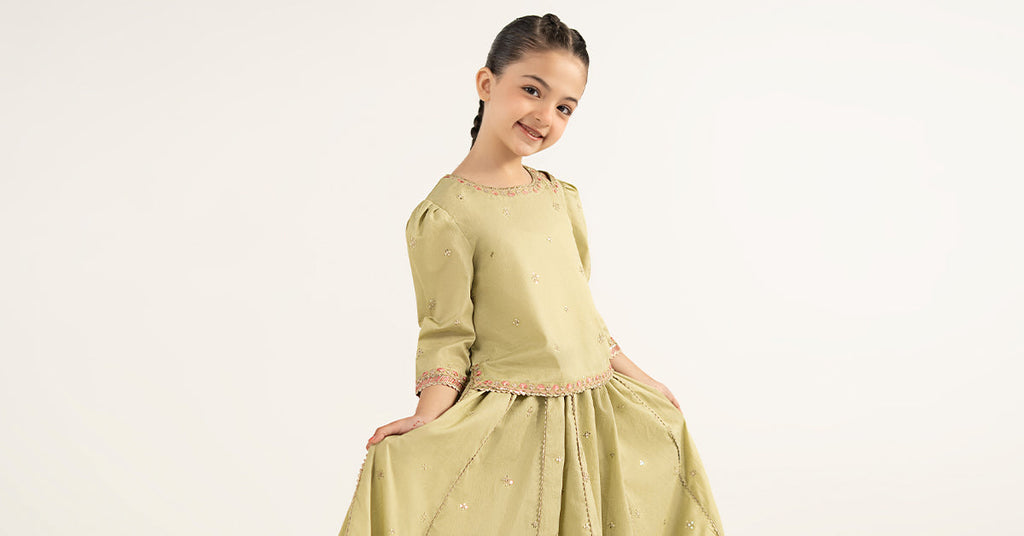 Girls 3 Piece Embroidered Dobby Lawn Lehenga Set - Olive Green