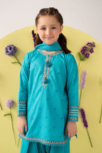 Girls Embroidered Dobby Lawn 3 Piece Suit - Blue