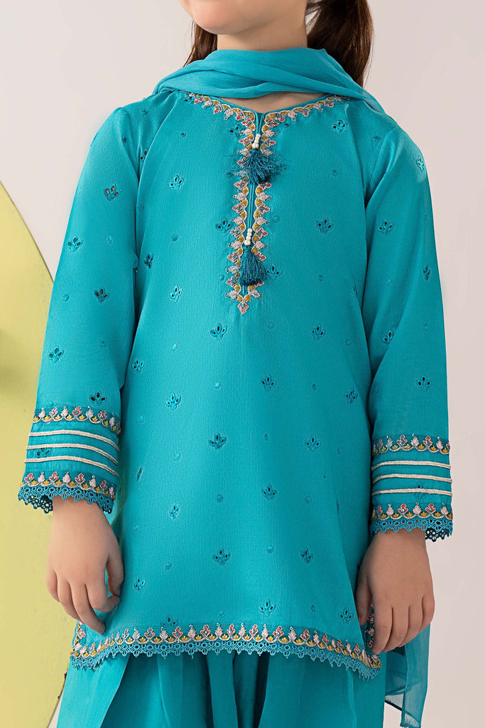 Girls Embroidered Dobby Lawn 3 Piece Suit - Blue