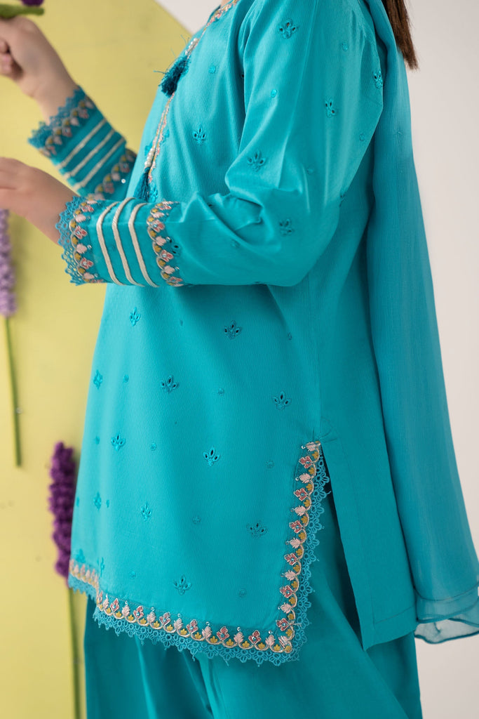 Girls Embroidered Dobby Lawn 3 Piece Suit - Blue