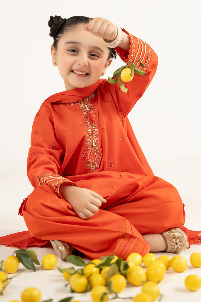 Girls Embroidered Dobby Lawn 3 Piece Suit - Orange