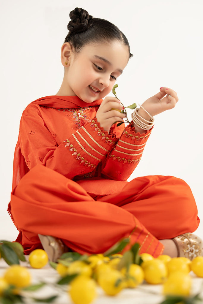Girls Embroidered Dobby Lawn 3 Piece Suit - Orange