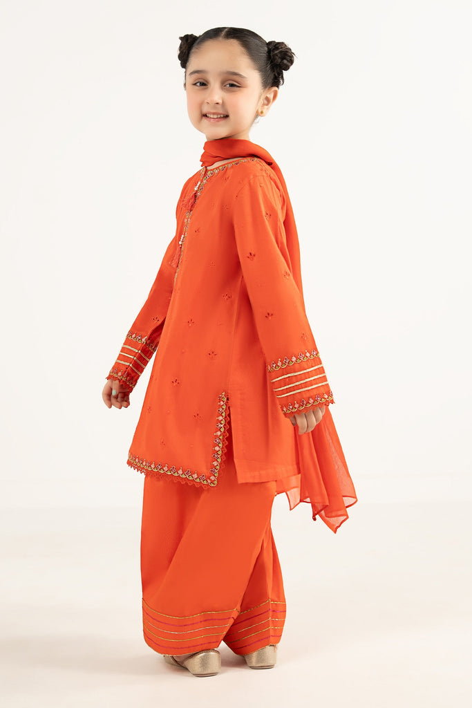 Girls Embroidered Dobby Lawn 3 Piece Suit - Orange