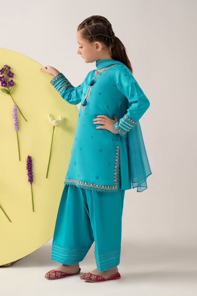 Girls Embroidered Dobby Lawn 3 Piece Suit - Blue