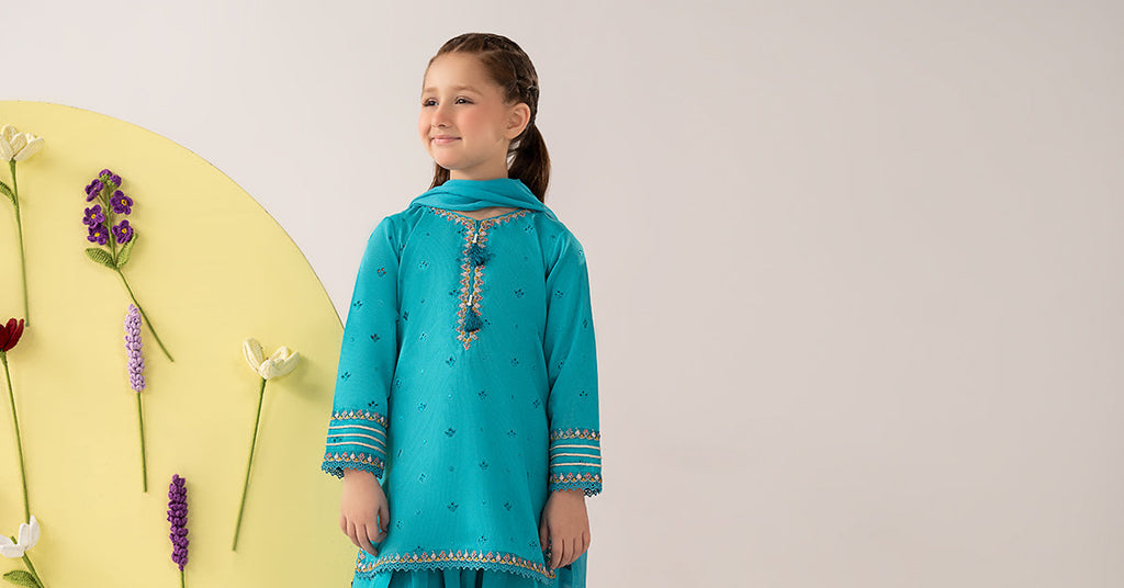Girls Embroidered Dobby Lawn 3 Piece Suit - Blue