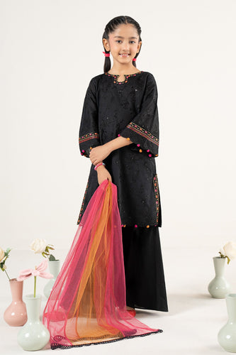 3 Piece Black Dobby Lawn Suit with Net Dupatta
