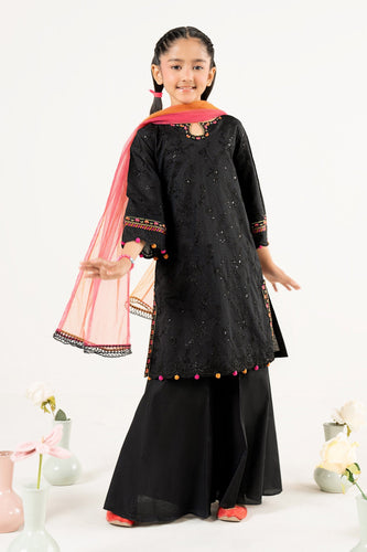3 Piece Black Dobby Lawn Suit with Net Dupatta