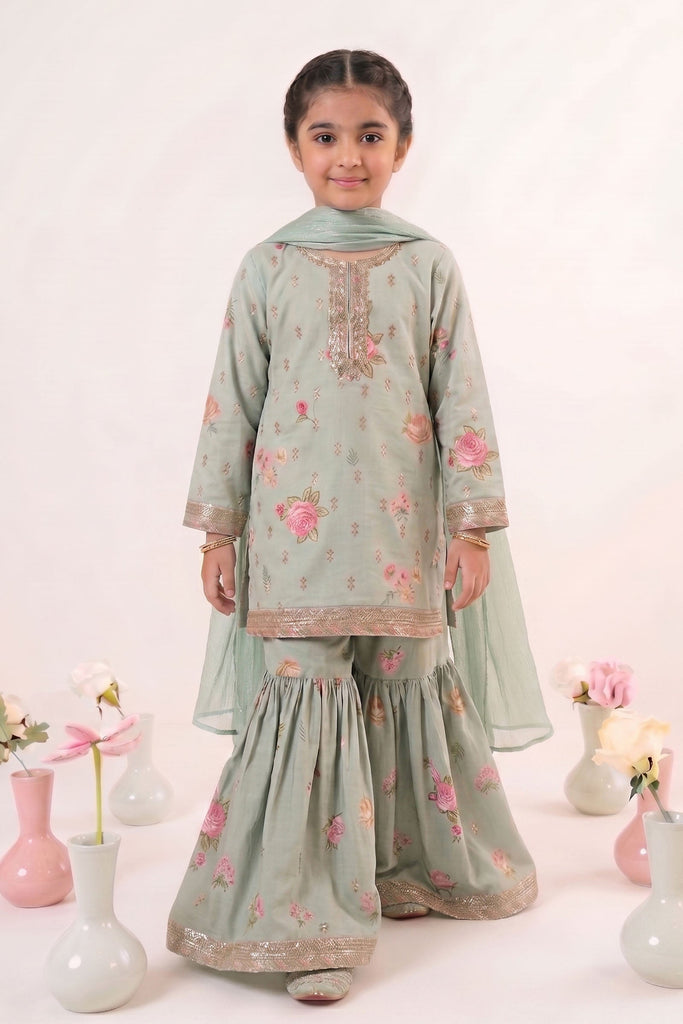 3 Piece Embroidered Lawn Suit for Girls in Light Green